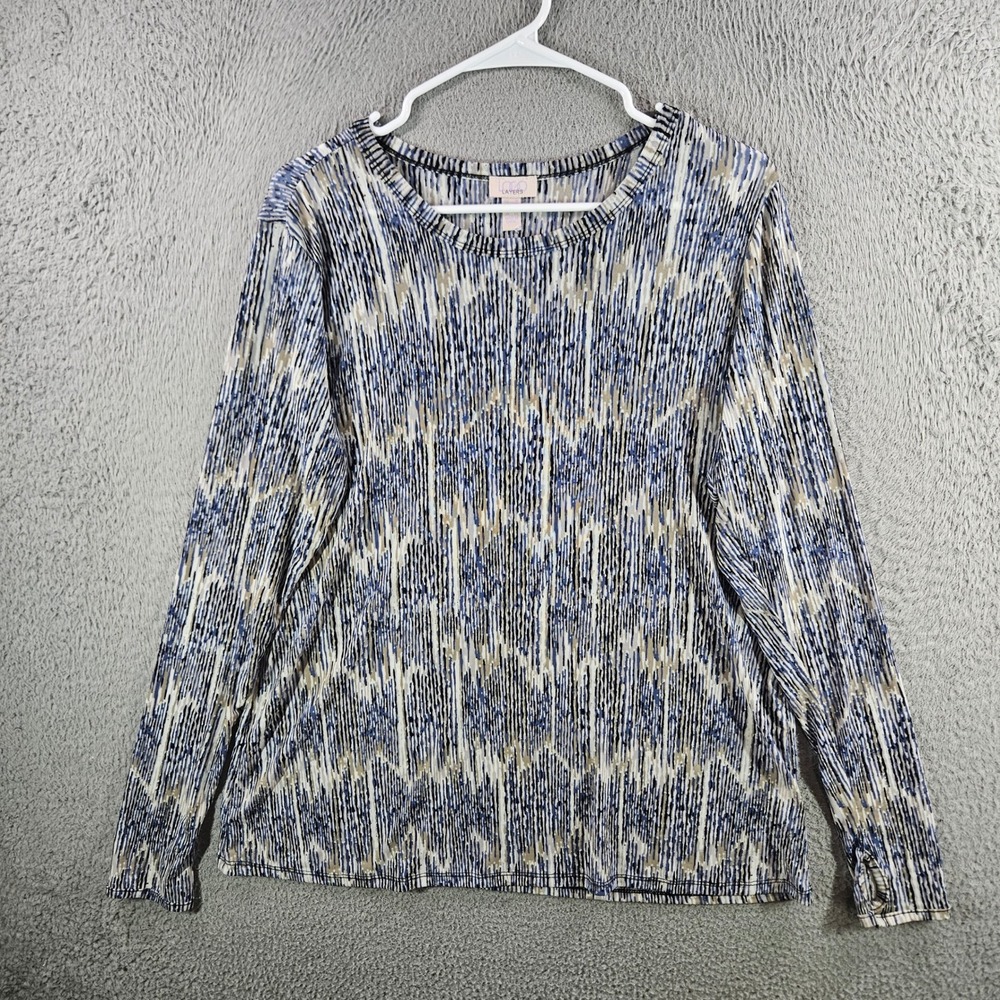 LOGO Layers Lori Goldstein Womens Medium Blue Abstract Ikat Long Sleeve Top Mesh
